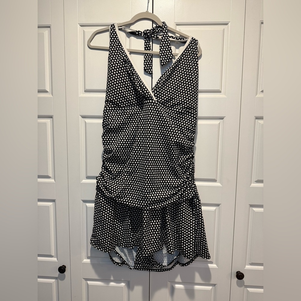 Black and White Polka Dot Halter Swim Dress - 22W